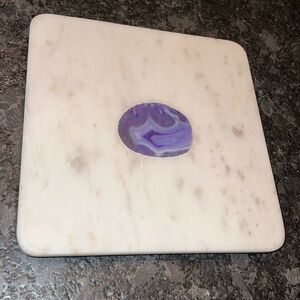 Jodhpuri 8” x 8” White Marble Tray Trivet with Plum Purple Agate - New